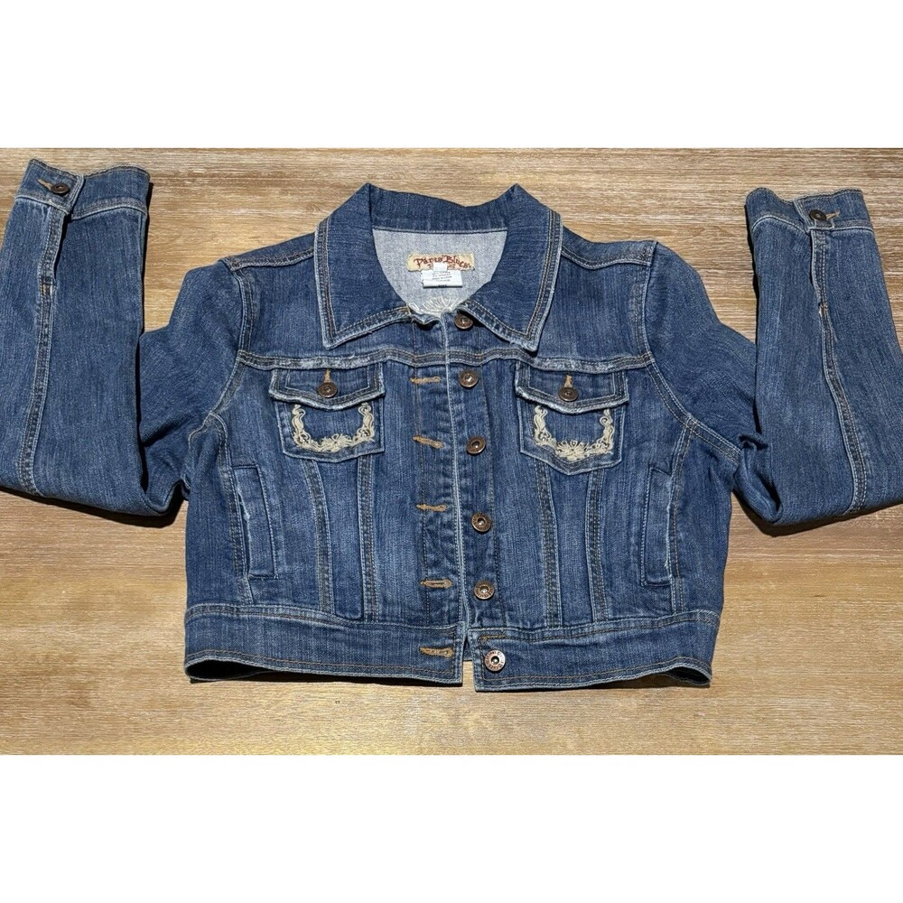 90’s Y2K Women's Large Paris Blues Denim Jacket Embroidered Studded Short Crop